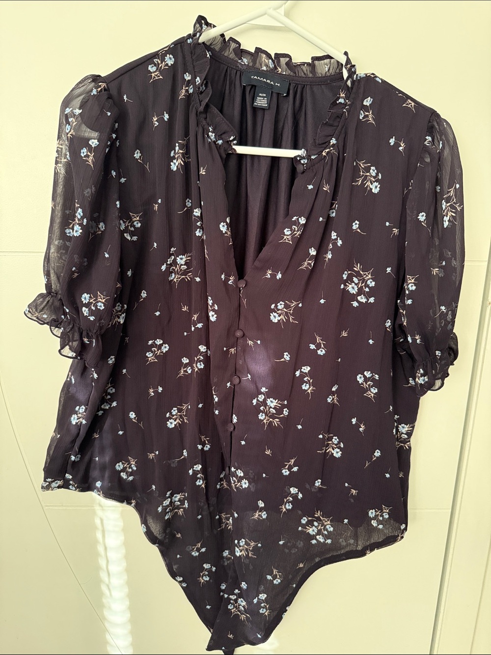 Purple Floral Ruffle-Trim Sheer Blouse